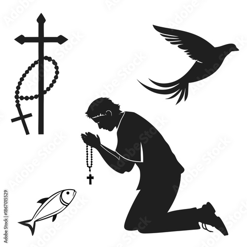 Silhouette of a person in prayer with religious symbols