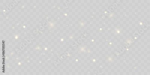 Shimmering golden dust sparkles, glitter sparks over glowing bokeh blur, enhanced by radiant highlights, warm flare, floating particles twinkle for Christmas, New Year magic. PNG vector illustration.