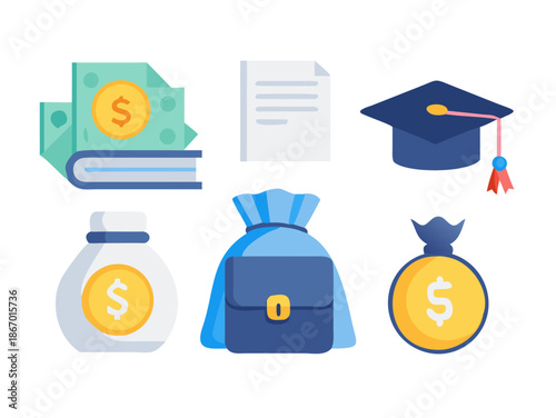 Scholarship Icons Vector with Money Bag and Graduation Cap