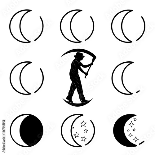 Silhouette of a witch with moon phases