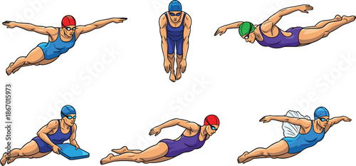 Cartoon swimmers, diving poses, swim cap, goggles, kickboard, funny tutu, athletic motion, water sport icons, playful illustration, black silhouette
