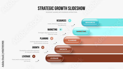 Market Analysis 5 Element Diagram Presentation Template. Professional Portfolio Five Option Infographic Frame Layout. Product Visualization Slide Design Vector Illustration.