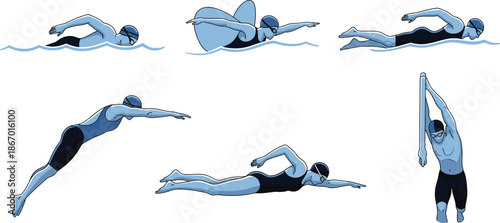 Swimming techniques, front crawl, freestyle, butterfly, breaststroke, diving entry, underwater glide, stretching pose, swim cap, goggles, athlete motion