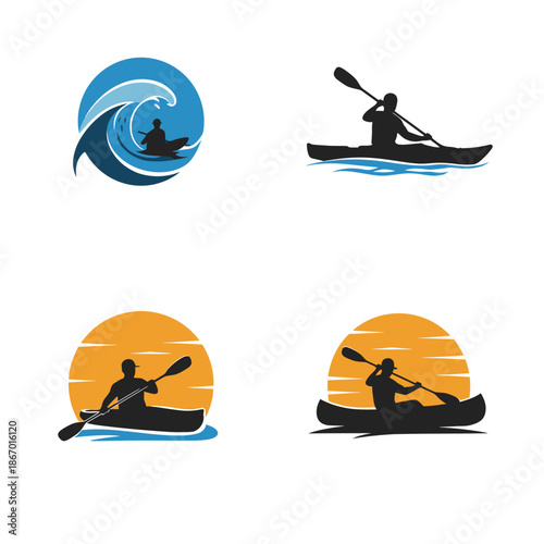 Kayaking and Canoeing Water Sport Silhouettes Vector Logo Set featuring Paddlers, Waves, and Sunset Backgrounds