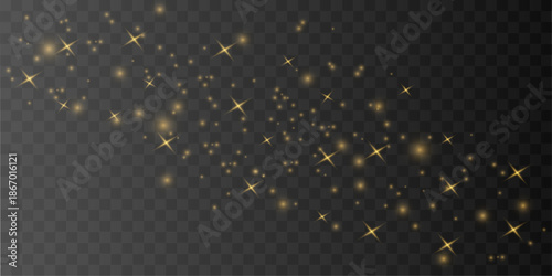 Golden dust sparkles with glitter, sparks, shimmer across blurred bokeh, glowing warm highlights, flare floating light particles twinkle for Christmas and New Year scenes. PNG vector illustration.
