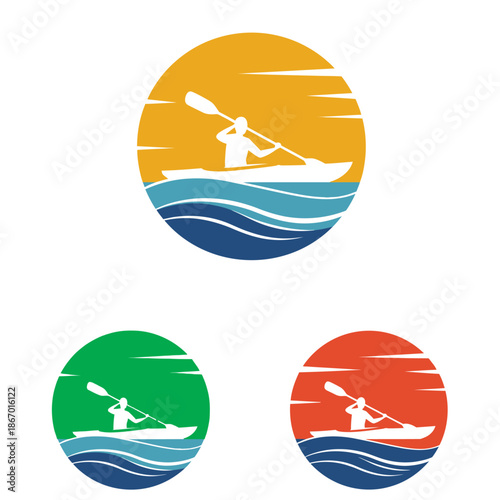 Kayaking or Canoeing Paddler Silhouette Logo Icon Set Against Sun and Waves