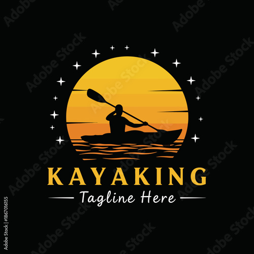 Kayaking Sunset Retro Logo Design - Silhouette of Paddler on Water
