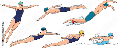 Swimming strokes, diving entry, underwater glide, freestyle, butterfly, breaststroke, swim cap, goggles, athlete motion, black silhouette, water sport