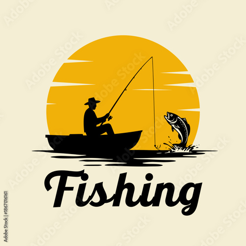 Retro Fishing Emblem: Angler Catching Jumping Fish at Sunset