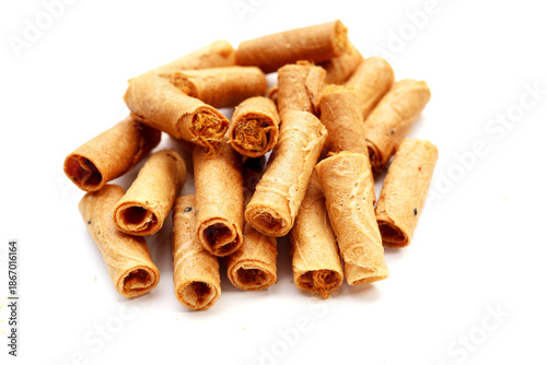 Rolled crispy wafers filled with shredded pork floss, Thai snack.