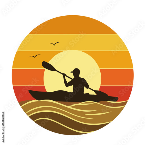 Retro Kayaking Silhouette at Sunset - Vintage Paddler Badge Design