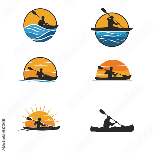 Set of Kayaking and Canoeing Logos with Paddler Silhouette, Sun, and Water Waves