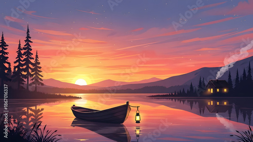 An artistic illustration of a peaceful lake at sunset with a boat and a cozy cabin