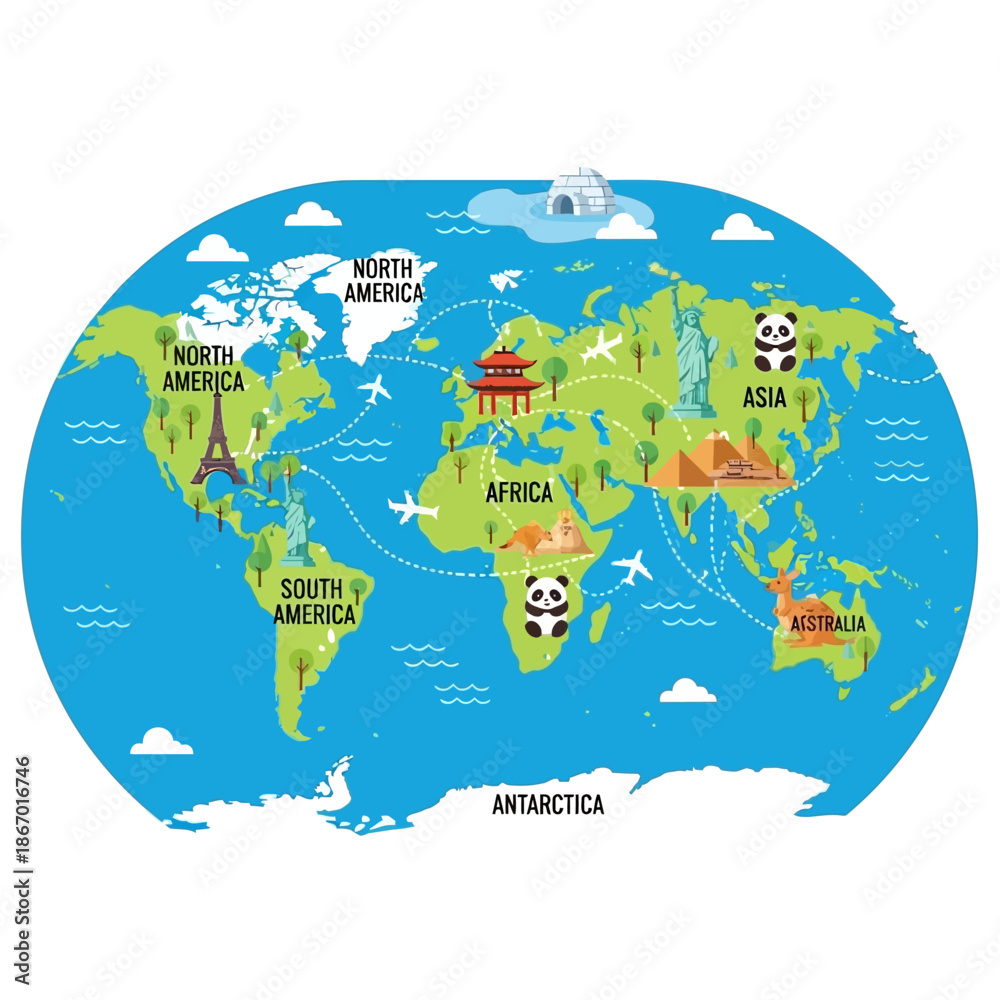 Fototapeta Global Travel Map with Landmarks and Animals: Continents, Flights, Icons