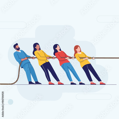 Team Tug of War Competition, People Pulling Rope, Struggle and Effort