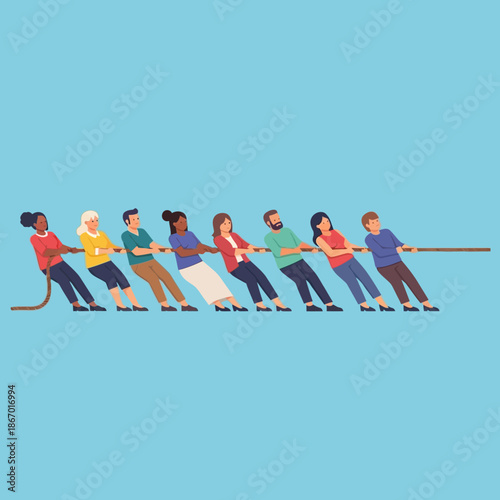 Diverse team pulling rope, teamwork and competition concept, flat illustration
