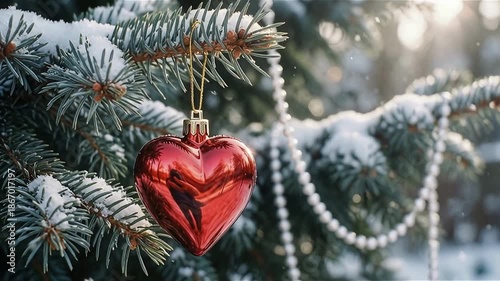 Winter Pine Branch with Red Hearts in Snowy Forest