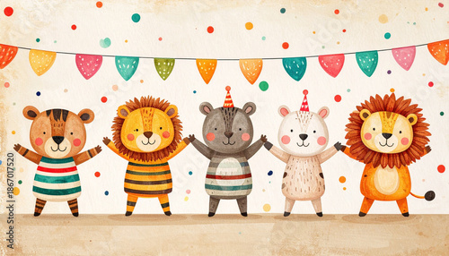 Cute animal friends in colorful striped outfits and party hats holding hands at festive carnival with bunting and confetti, joyful and playful atmosphere