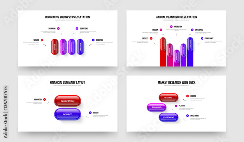 Visual Plan Four Five Two Three Step Infographic Frame Layout Vector Illustration Bundle. Marketing Growth 4 5 2 3 Element Diagram Slideshow Template Set.