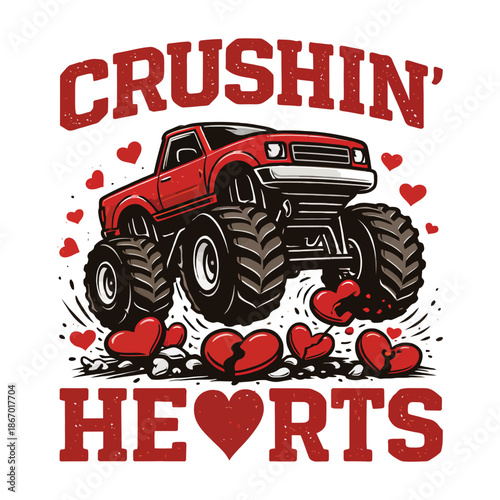 Crushin’ Hearts Monster Truck Love Illustration with Broken Hearts