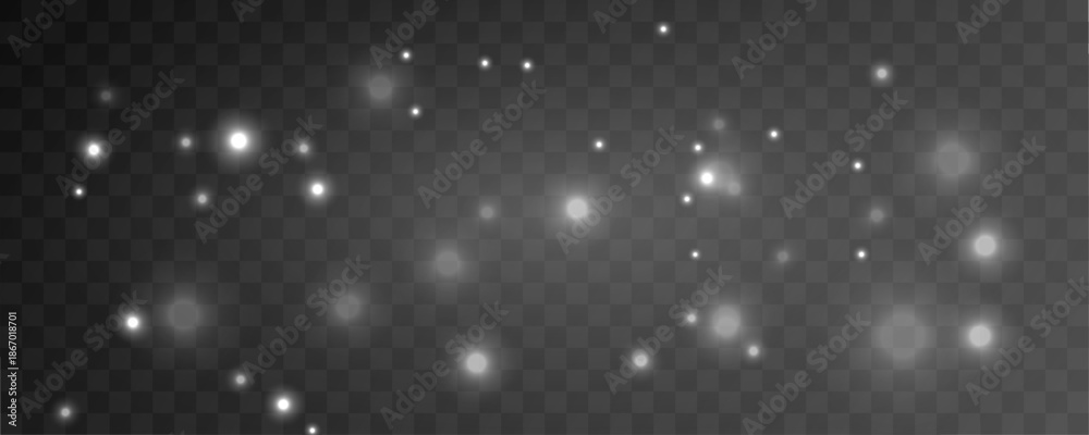 Fototapeta premium Shimmering silver dust sparkles with glitter white sparks, glowing bokeh blur, radiant highlights, warm flare, floating light particles twinkle for Christmas and New Year. PNG vector illustration.