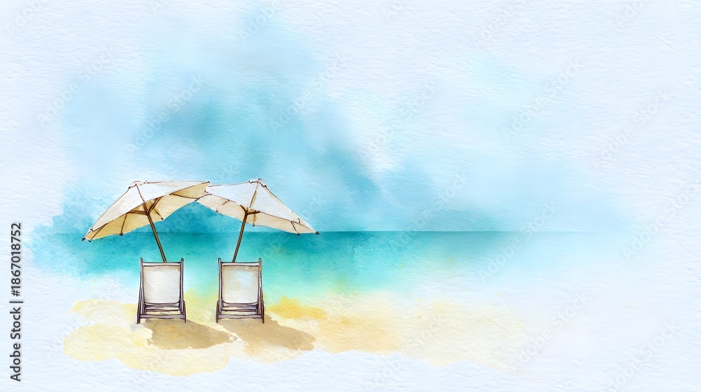Obraz premium Tropical beach watercolor illustration evokes serene vacation bliss under sunny umbrellas