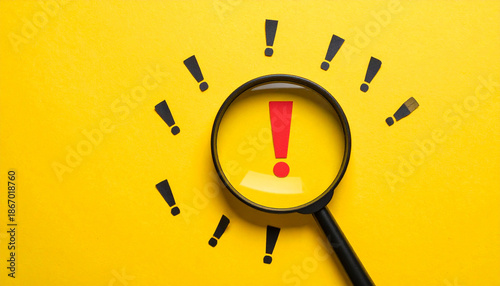 Magnifying glass focusing on red exclamation mark surrounded by black exclamation marks on yellow background, symbolizing alert, warning, and attention in safety or security concept