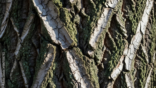 Close up shot showing the intricate details and rough texture of natural tree bark with moss