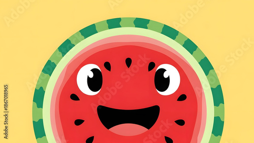 A bright and cheerful cartoon illustration of a smiling watermelon face on a yellow background