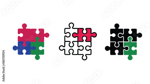 Puzzle pieces coming together in different colors and styles