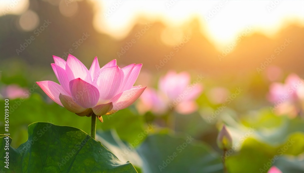 Obraz premium A beautiful pink lotus flower in full bloom floats gracefully on the surface of a serene garden pond surrounded by lush green aquatic leaves and summer flora
