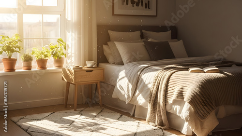 A peaceful bedroom interior with morning sunlight streaming through the window onto the bed