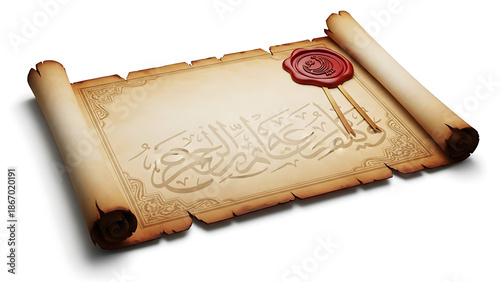Ancient scroll with wax seal on a white background