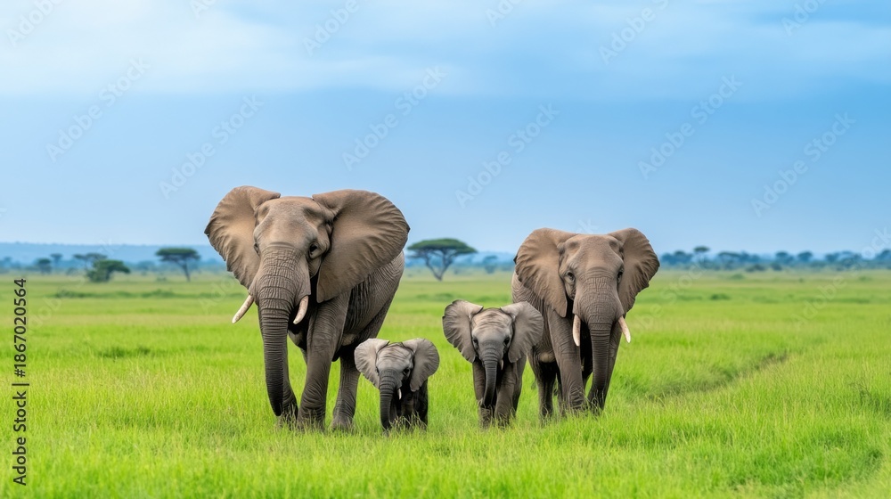 Fototapeta premium Family Group of Elephants Walking Through Lush Green Savanna Landscape