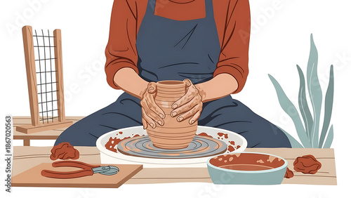 Artisan shaping clay pot on wheel in studio