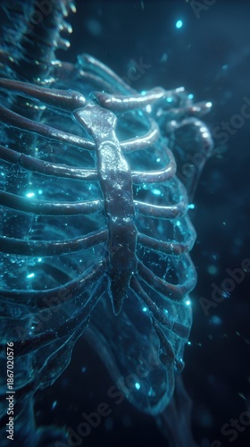 Anatomical Radiance: A close-up shot of a glowing rib cage and spine, illuminated with ethereal light, evokes the intricate beauty of human anatomy.