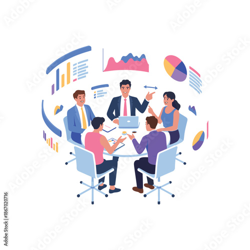 Business Team Meeting and Data Analysis – Corporate Collaboration Vector Illustration