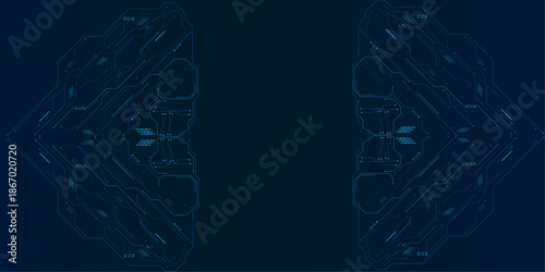 Abstract AI circuit board background. Technology connected blue lines with electronics elements on tech bg. Vector futuristic blue wires on a circuit board on a dark technological background.