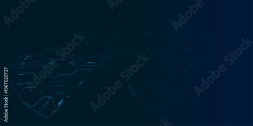 Glowing light blue neon AI chip with thin circuit contact lines. Technology lines circuit and dots on blue background, circuit board network connection.