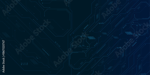 Vector futuristic blue wires on a circuit board on a dark technological background. Thin lines and dots. Glowing light blue neon AI chip with thin circuit contact lines.