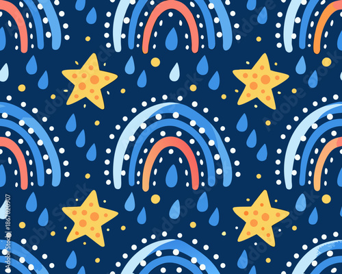 Vibrant whimsical pattern with rainbows, stars, and raindrops on dark blue