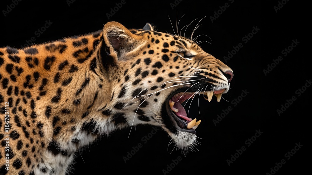 Fototapeta premium Powerful leopard roars intensely showing its sharp fangs on a striking black background