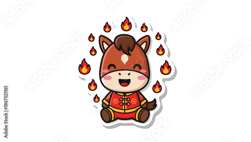A cute Fire Horse sticker with a cheerful expression, wearing a red outfit, surrounded by flames on a clean white background, conveying a joyful and festive mood for Chinese New Year.