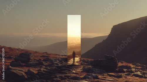 Symbolic Horizon and Path at Memorial Legacy Banner Representing Reflection and Journey in a Mountain Landscape at Sunset