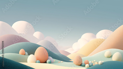 A serene digital landscape with pastel colored hills and clouds 