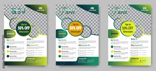 Travel poster or flyer template brochure design layout space for photo background. Yellow, Green Travel flyer template for travel agency