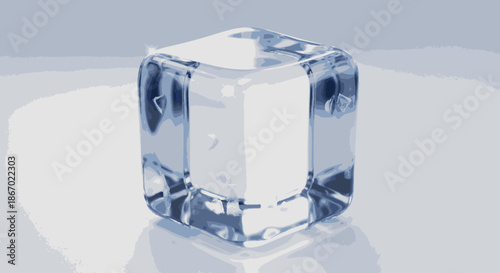 Clear ice cube on reflective surface close-up