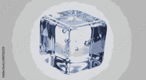 Transparent ice cube with water droplets isolated on gray background