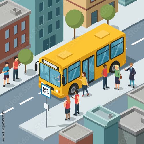 Yellow School Bus at City Stop.