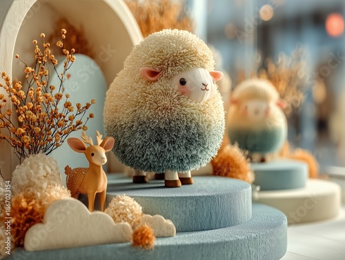 Cozy Baby Product Display with Layered Blue Pedestal, Cloud Decor and Plush Lambs in Natural Sunlight